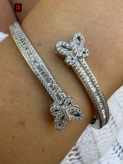 Real Solid 925 Silver Iced Baguette Butterfly Bangle Ladies Bracelet 5-7inch CZ