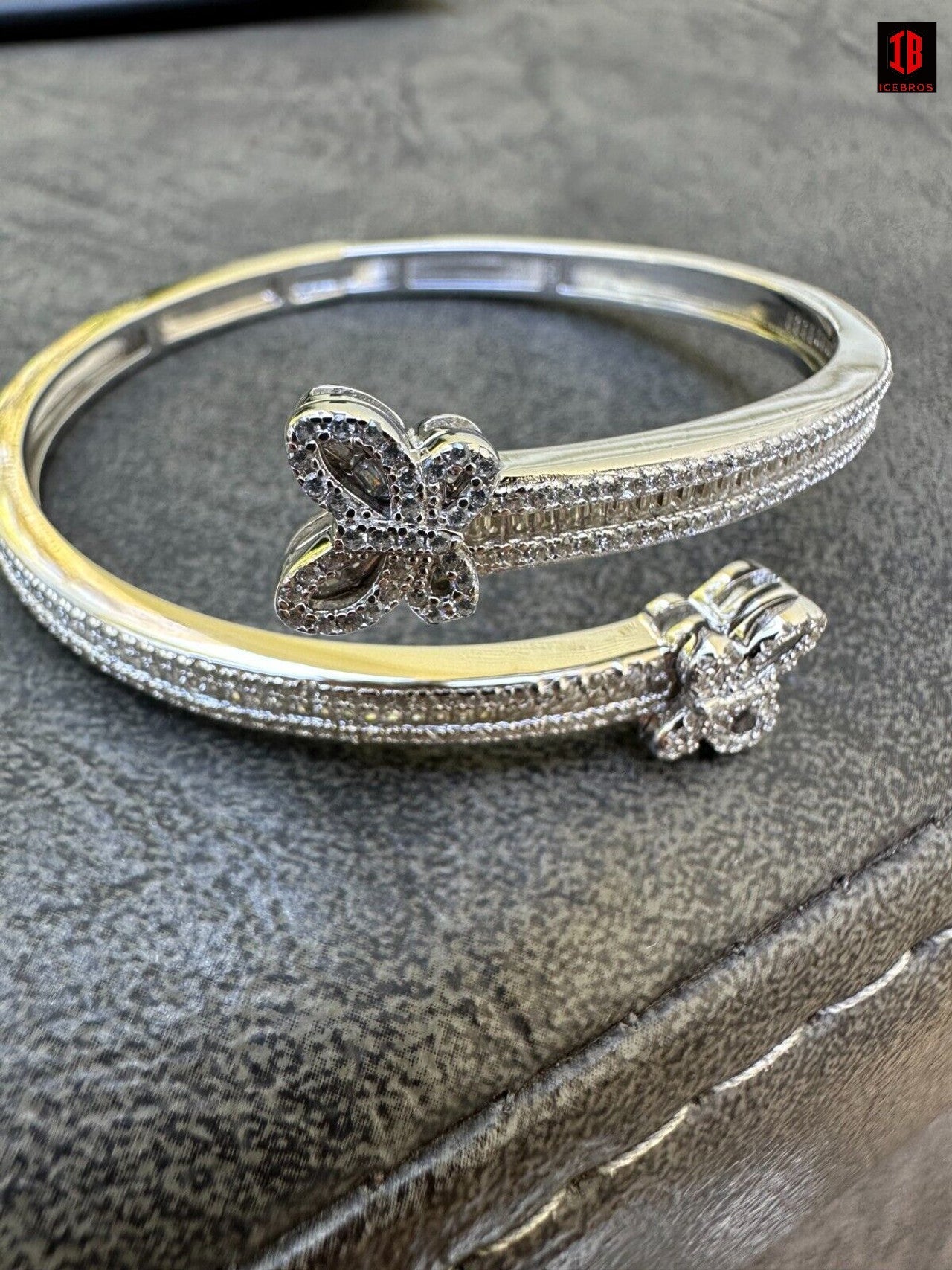 Real Solid 925 Silver Iced Baguette Butterfly Bangle Ladies Bracelet 5-7inch CZ