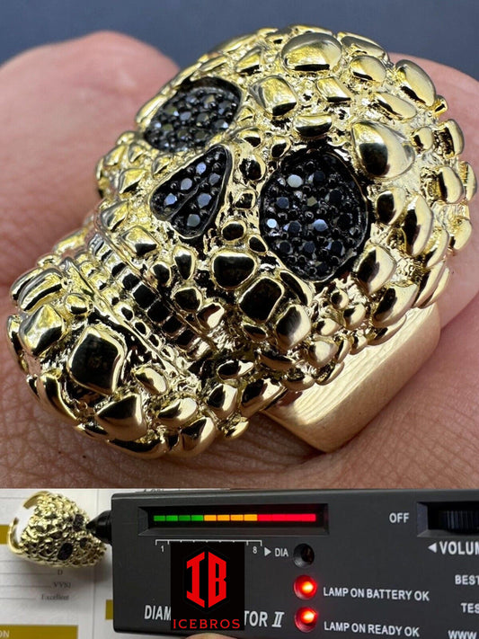 yellow gold HEAVY Nugget Death Skull Ring Mens Real Solid 925 Silver Real Black MOISSANITE