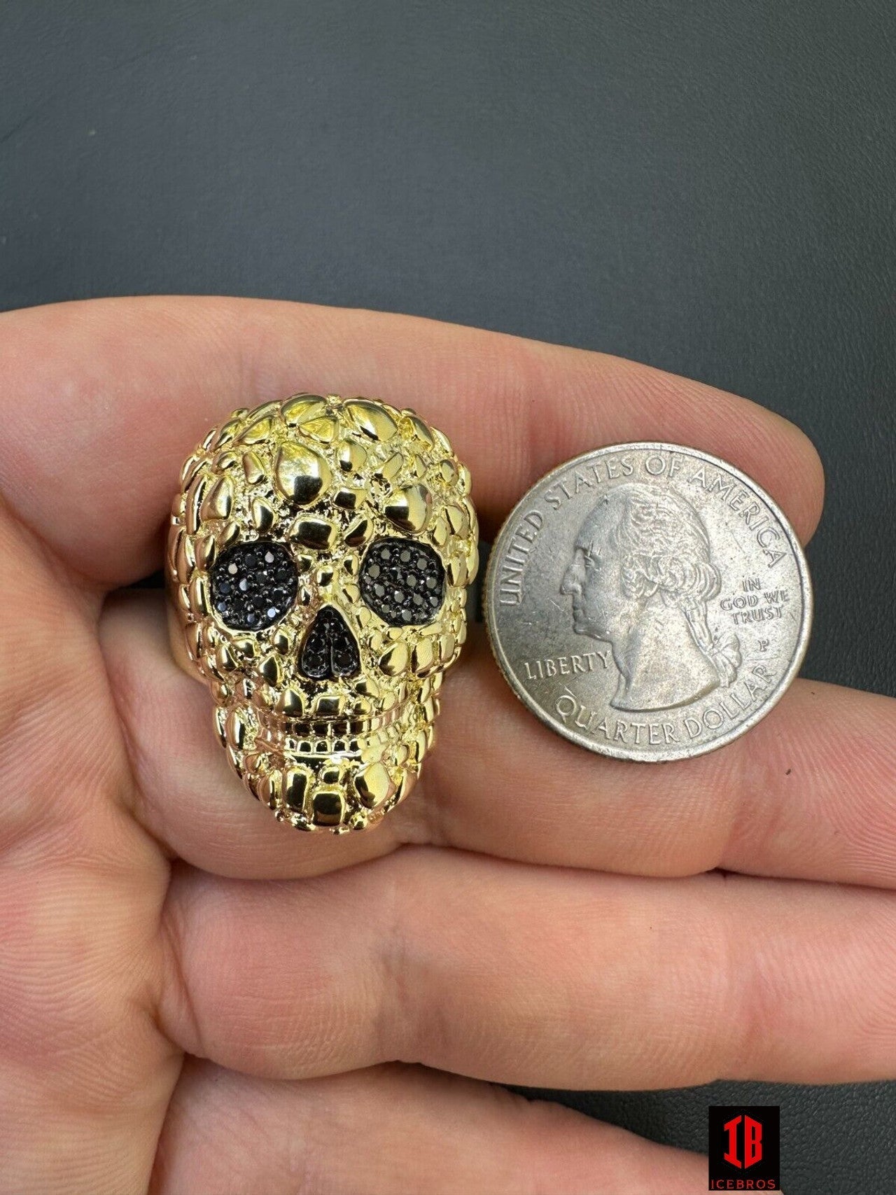 yellow gold HEAVY Nugget Death Skull Ring Mens Real Solid 925 Silver Real Black MOISSANITE