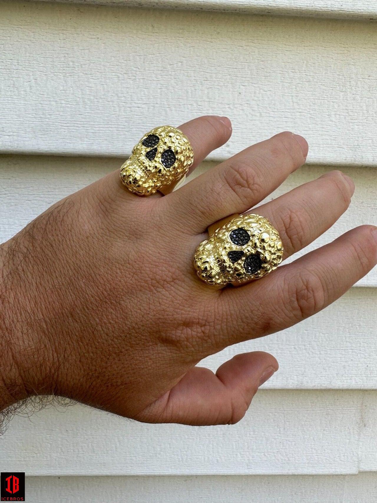 yellow gold HEAVY Nugget Death Skull Ring Mens Real Solid 925 Silver Real Black MOISSANITE