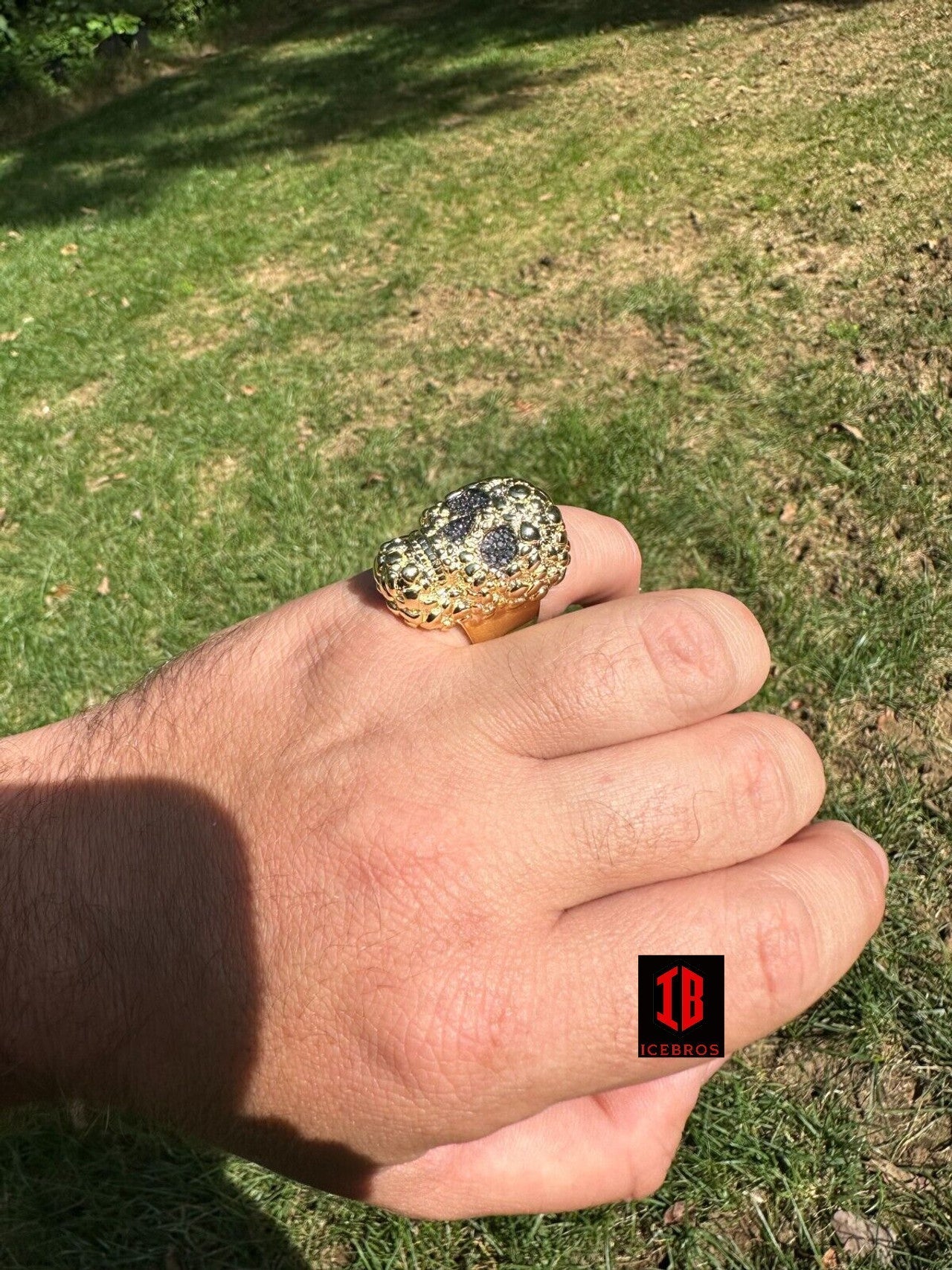 yellow gold HEAVY Nugget Death Skull Ring Mens Real Solid 925 Silver Real Black MOISSANITE