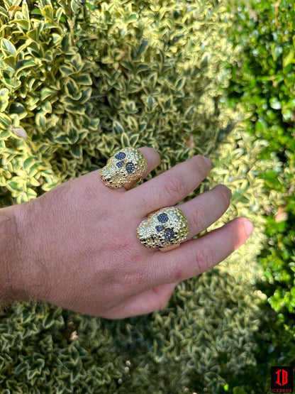 yellow gold HEAVY Nugget Death Skull Ring Mens Real Solid 925 Silver Real Black MOISSANITE