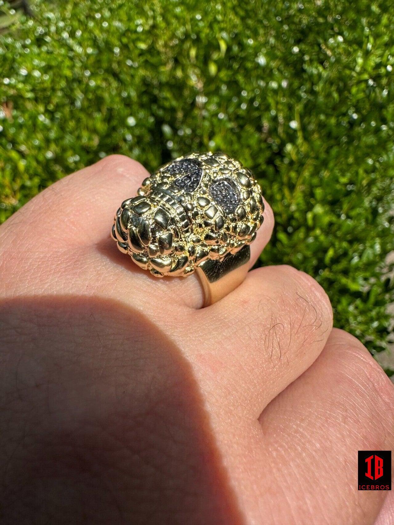 yellow gold HEAVY Nugget Death Skull Ring Mens Real Solid 925 Silver Real Black MOISSANITE