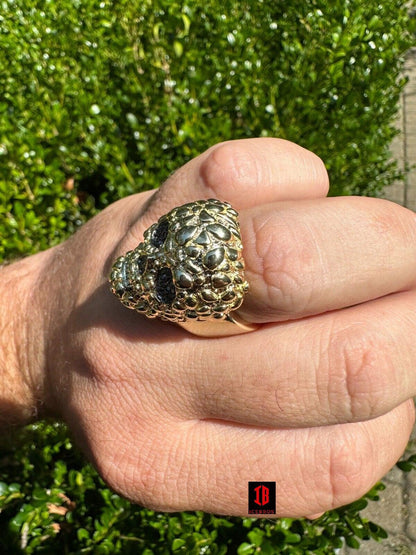 yellow gold HEAVY Nugget Death Skull Ring Mens Real Solid 925 Silver Real Black MOISSANITE