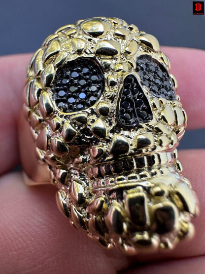 HEAVY Nugget Death Skull Ring Mens Real Solid 925 Silver Real Black MOISSANITE