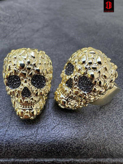 HEAVY Nugget Death Skull Ring Mens Real Solid 925 Silver Real Black MOISSANITE