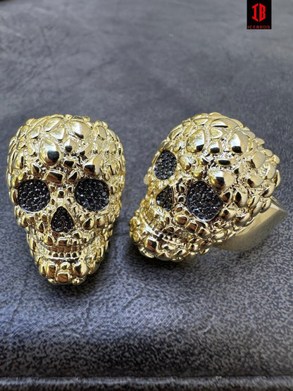 yellow gold HEAVY Nugget Death Skull Ring Mens Real Solid 925 Silver Real Black MOISSANITE