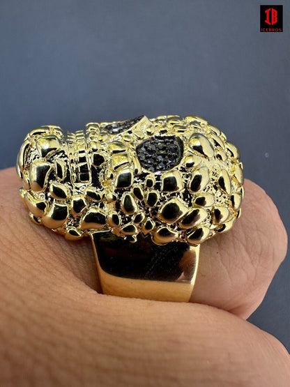 yellow gold HEAVY Nugget Death Skull Ring Mens Real Solid 925 Silver Real Black MOISSANITE