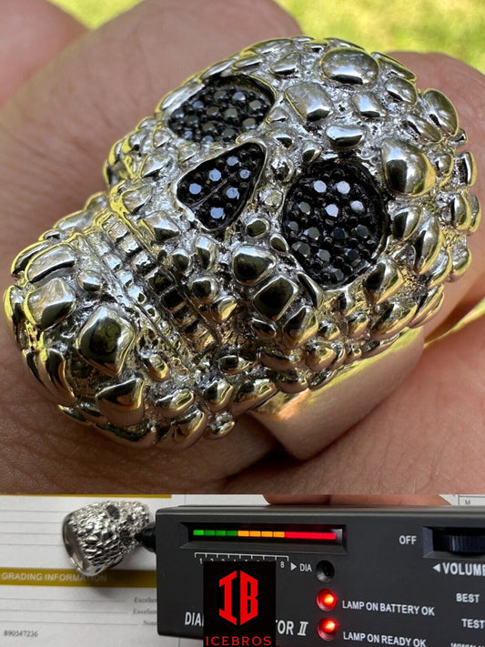 HEAVY Nugget Death Skull Ring Mens Real Solid 925 Silver Real Black MOISSANITE