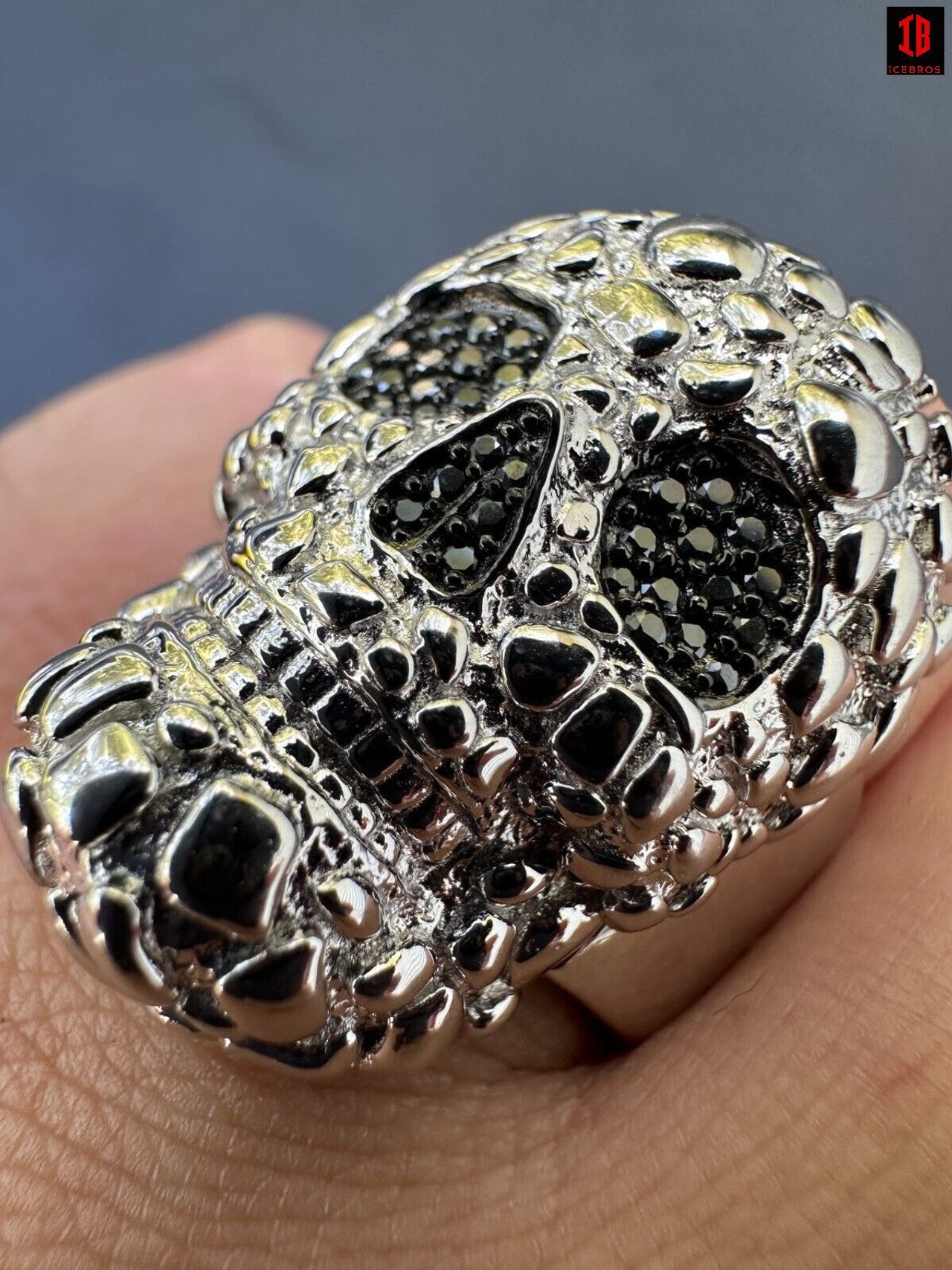 HEAVY Nugget Death Skull Ring Mens Real Solid 925 Silver Real Black MOISSANITE