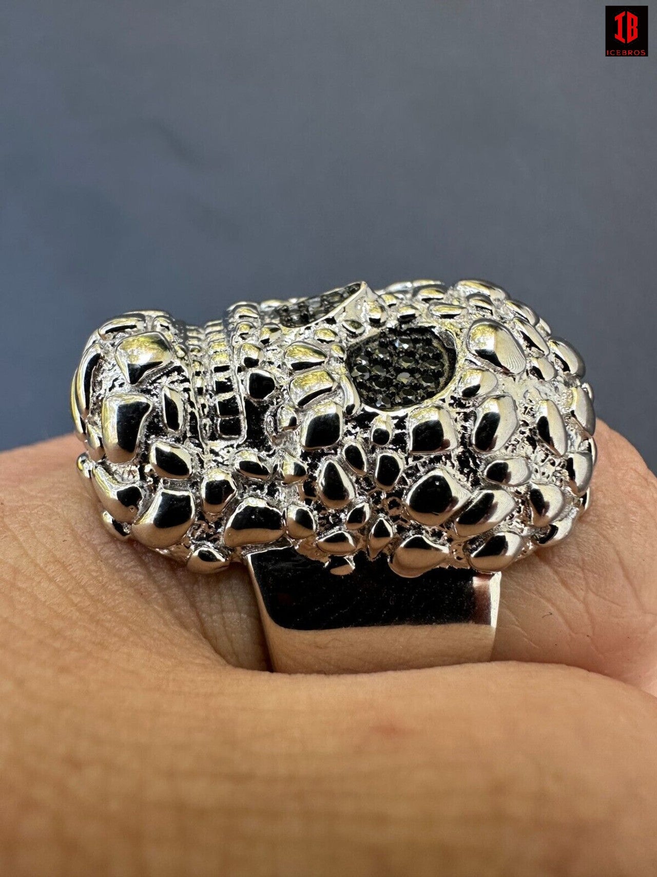 HEAVY Nugget Death Skull Ring Mens Real Solid 925 Silver Real Black MOISSANITE