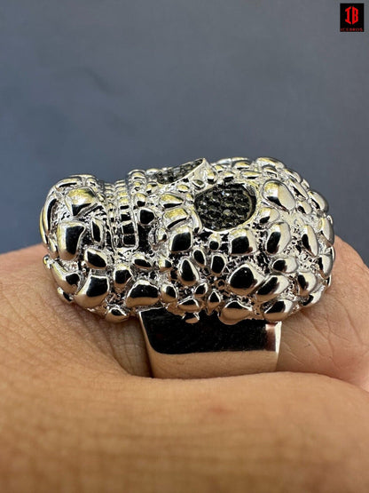 yellow gold HEAVY Nugget Death Skull Ring Mens Real Solid 925 Silver Real Black MOISSANITE