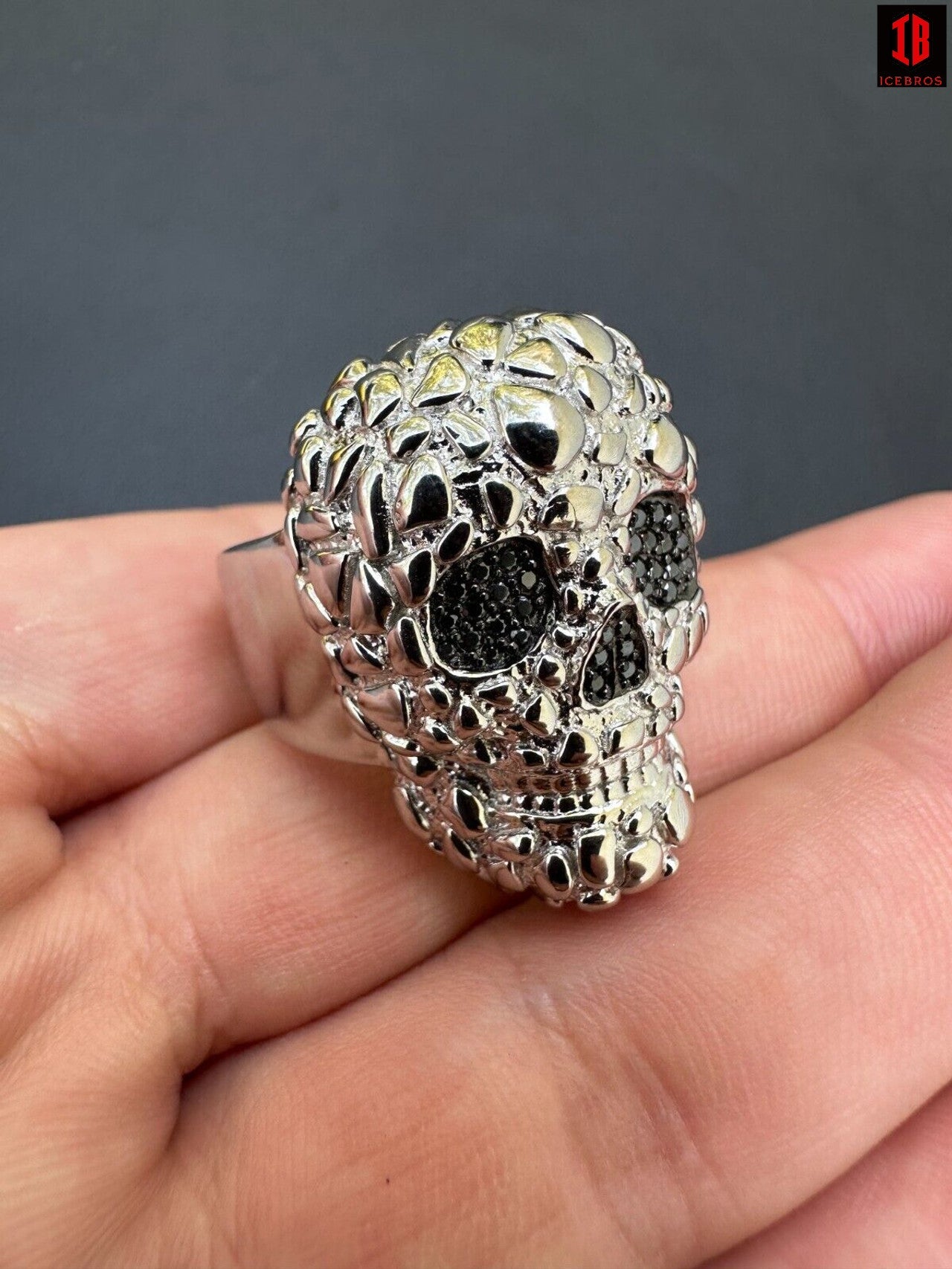 HEAVY Nugget Death Skull Ring Mens Real Solid 925 Silver Real Black MOISSANITE