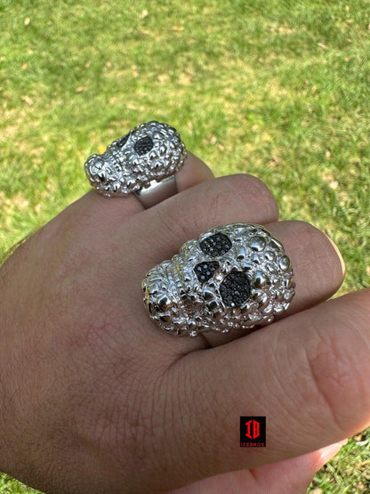 HEAVY Nugget Death Skull Ring Mens Real Solid 925 Silver Real Black MOISSANITE