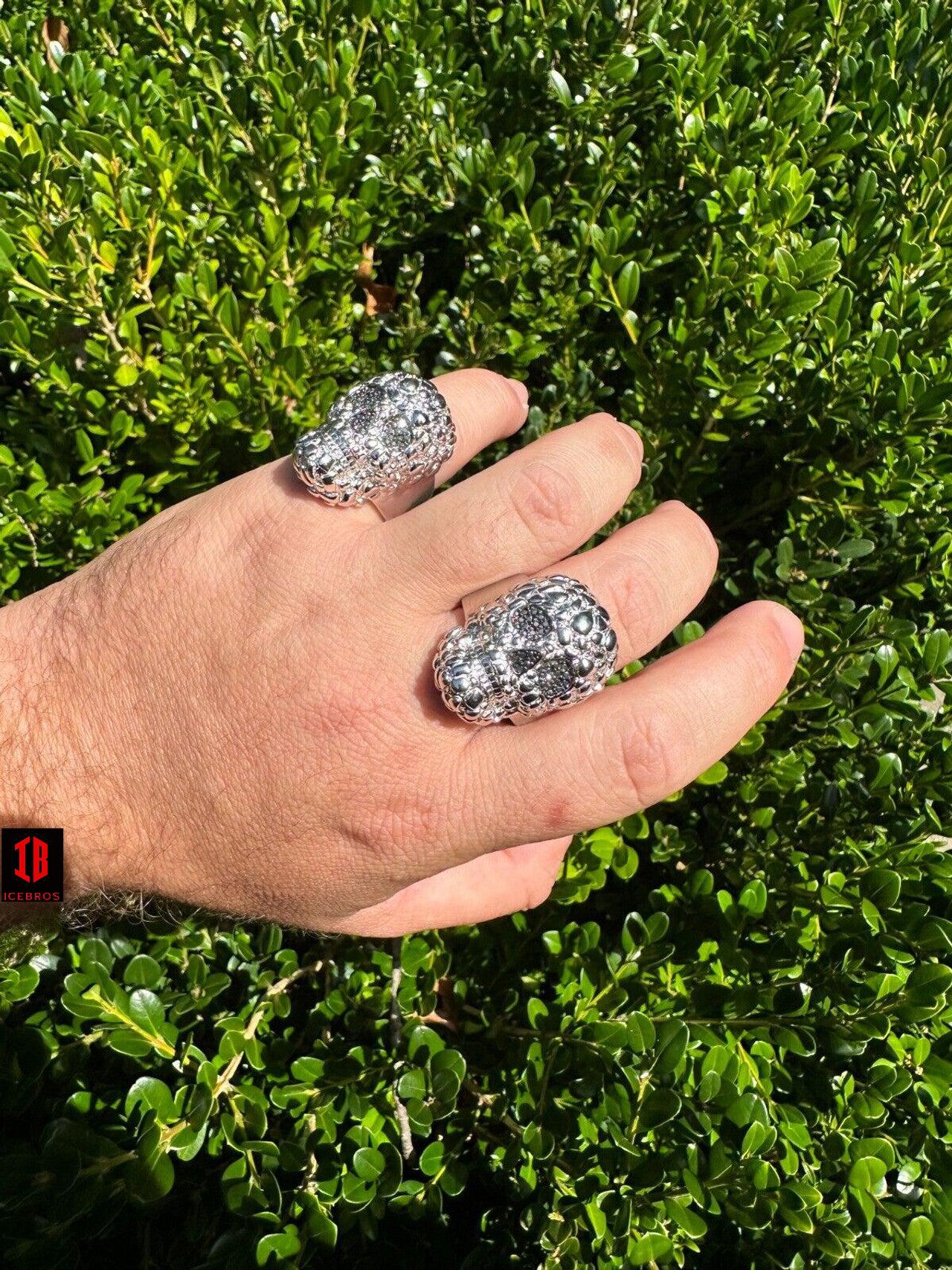 HEAVY Nugget Death Skull Ring Mens Real Solid 925 Silver Real Black MOISSANITE