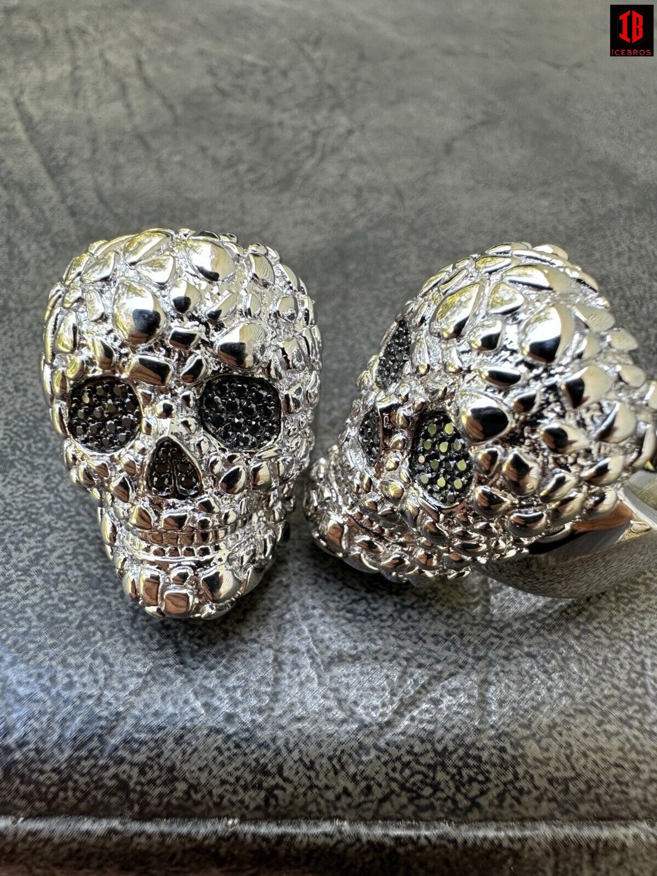 yellow gold HEAVY Nugget Death Skull Ring Mens Real Solid 925 Silver Real Black MOISSANITE