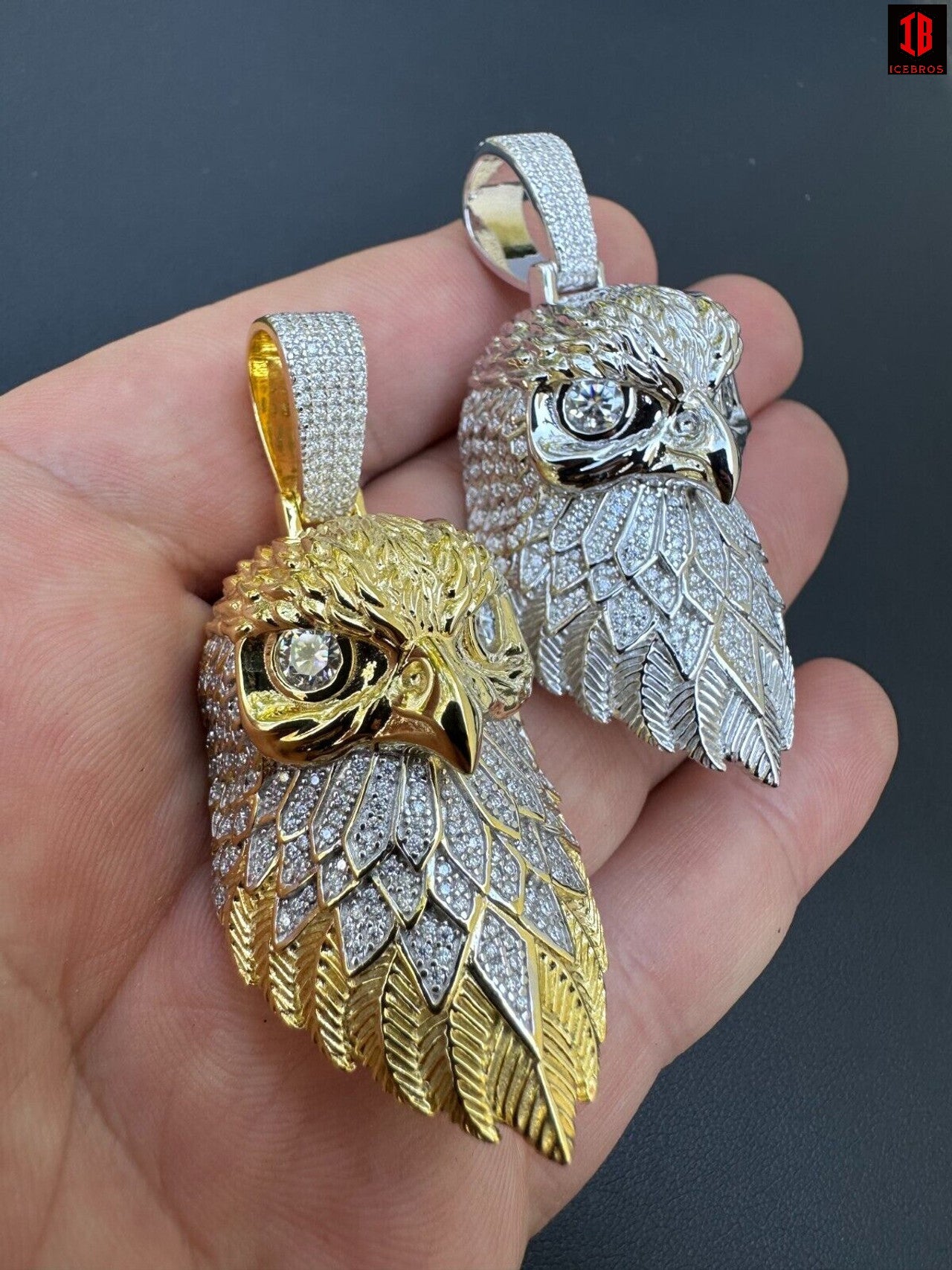 Hand Model Showing 3D Bald Eagle Pendant In 14k Gold or 14k White Gold 