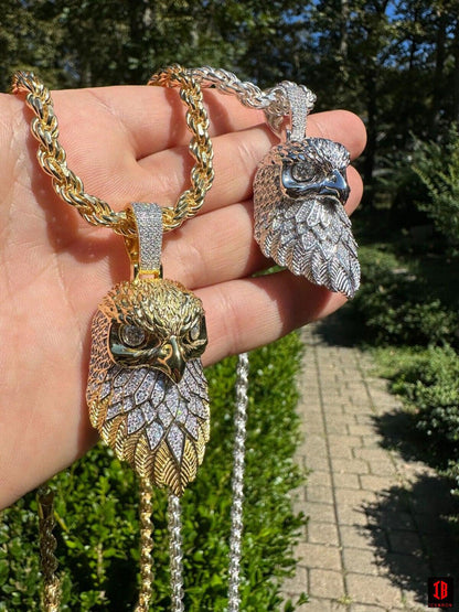 Men Showing 14k Gold or 14k White Gold Moissanite Eagle Pendant  HIp-Hop Necklace With Rope Chain 