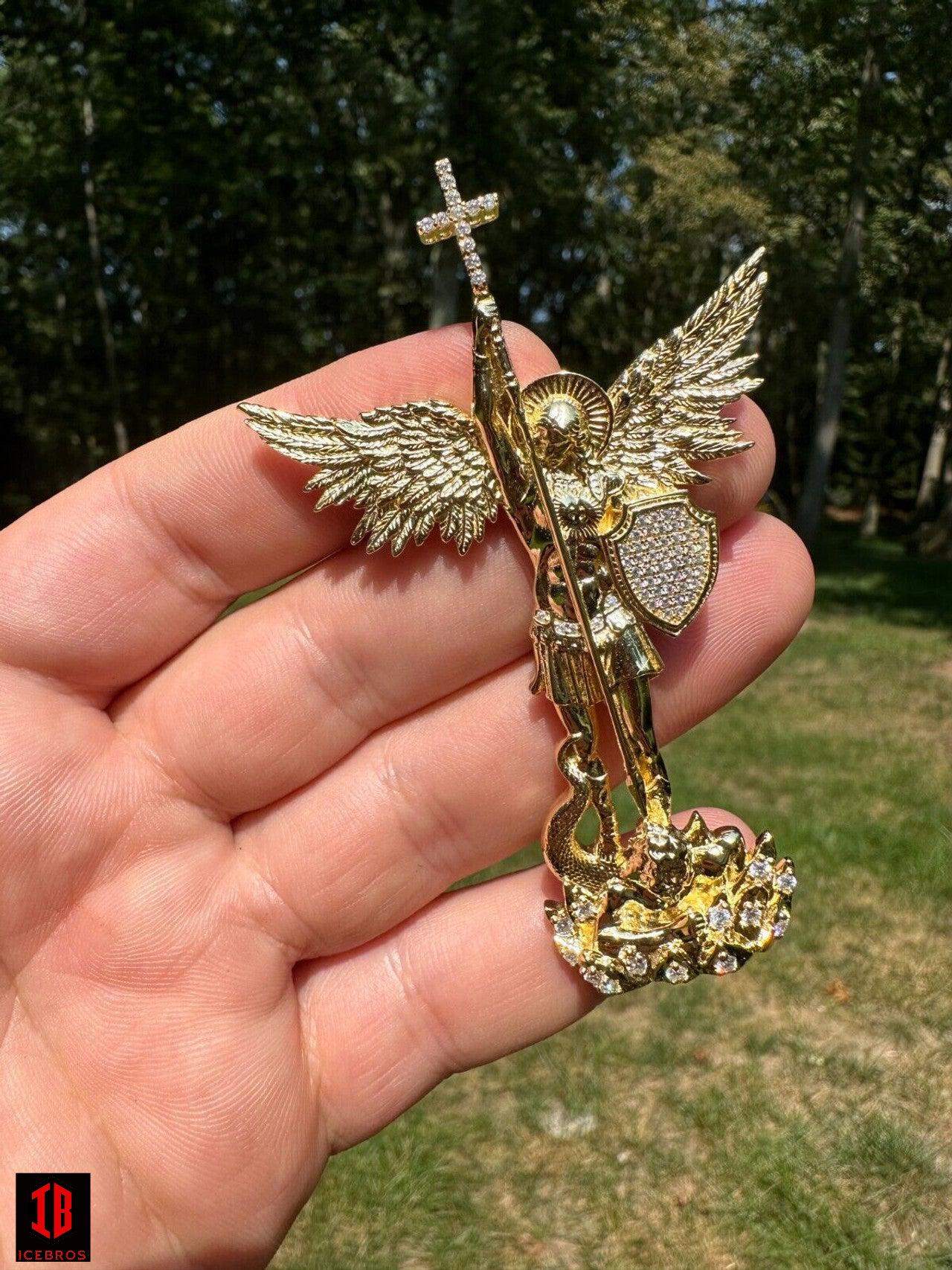 MOISSANITE Real Solid 10k Gold Saint Michael Slaying Dragon Pendant - 3 Sizes