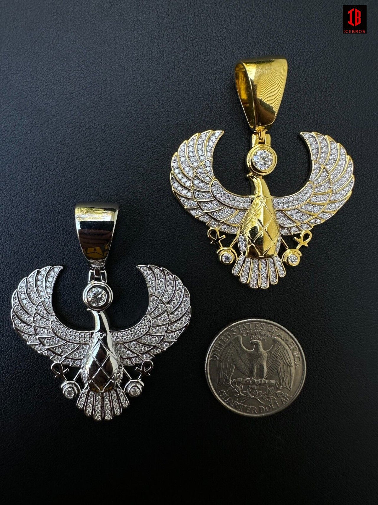 A Detailed View Of 14k White Gold or 14k Yellow Gold VVS Moissanite Horus Falcon Wing Pendant Necklace with Black Background 