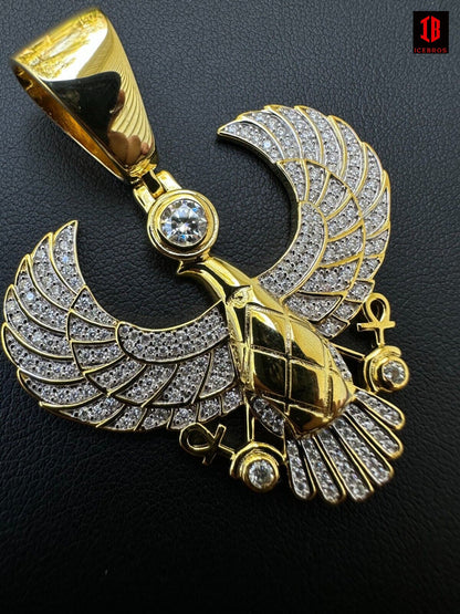 Moissanite Horus Egyptian Falcon Wing Pendant Necklace in 14k White & Yellow Gold on 925 Sterling Silver Chain