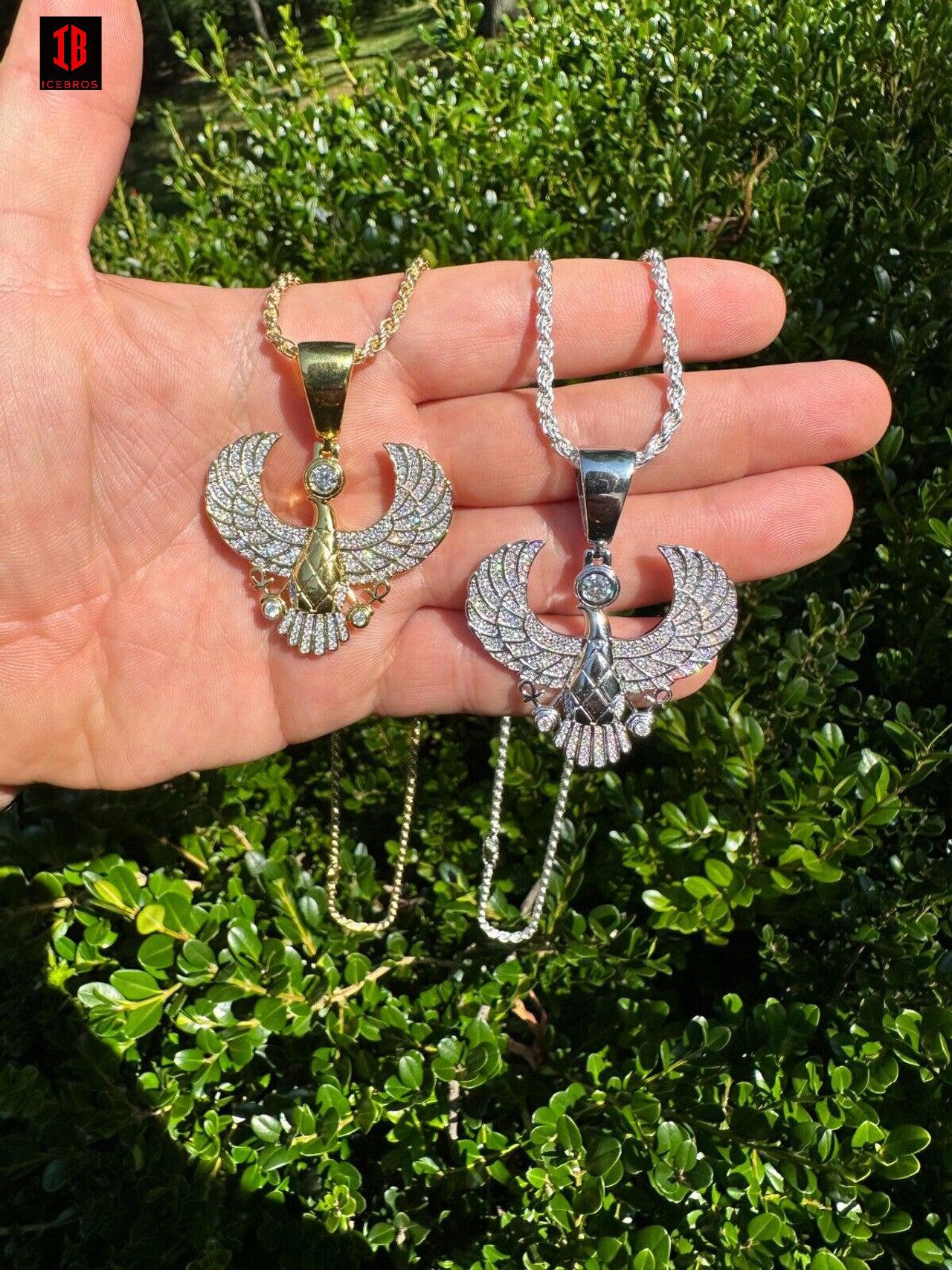 Hand Model Holding 14k Gold Or White Gold  Horus Egyptian Falcon Wing Pendant Necklace With Shinning Vvs Moissanite