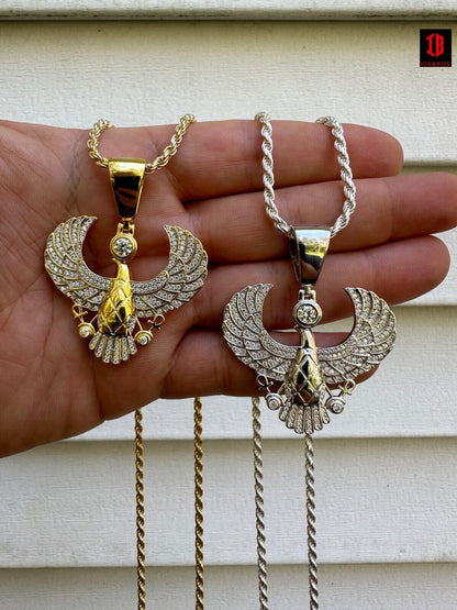 Hand Model Showing 14k White Gold or 14k Yellow Gold VVS Moissanite  Horus Wing Pendant 925 Sterling Silver Necklace 