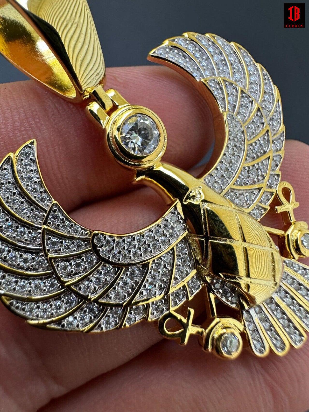 A Detailed view Of 14k Yellow Gold Horus Falcon Wing Pendant Necklace Plated on 925 Sterling Silver   