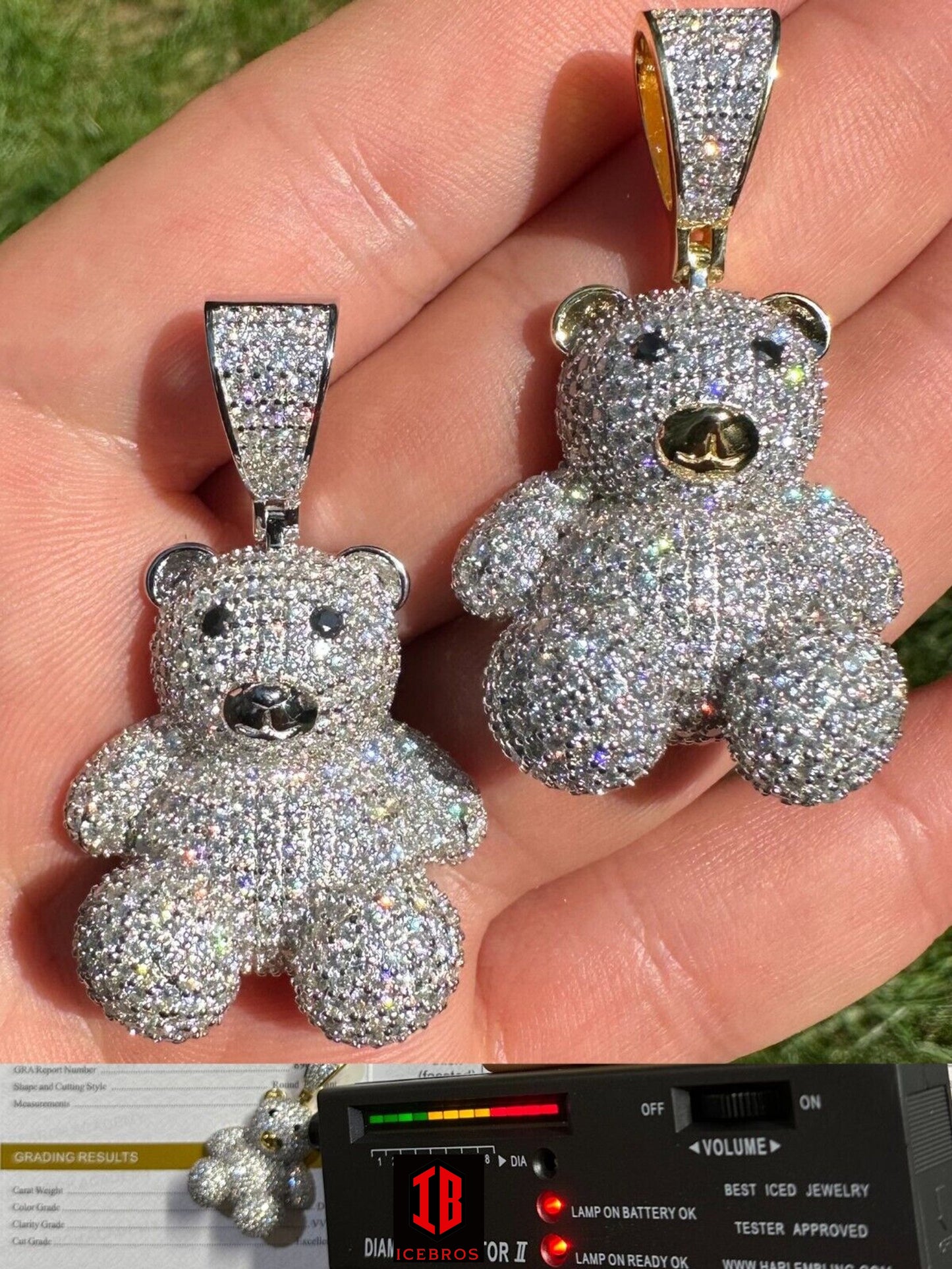 MOISSANITE Real 925 Silver / Gold Iced 3D Teddy Bear Pendant Hip Hop Necklace