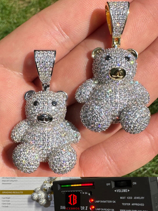 MOISSANITE Real 925 Silver / Gold Iced 3D Teddy Bear Pendant Hip Hop Necklace