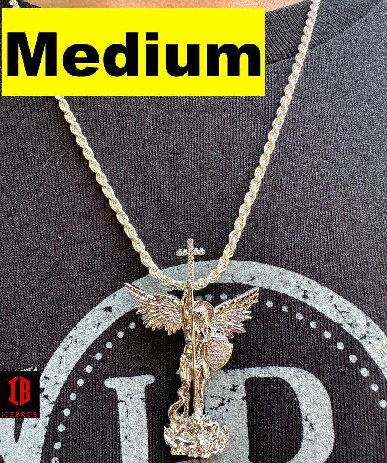 MOISSANITE Real Solid 10k White Gold Saint Michael Slaying Dragon Pendant