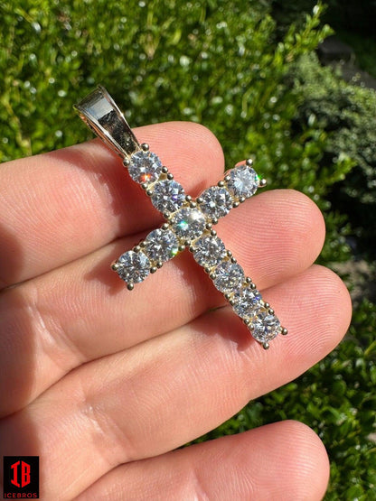 Real MOISSANITE Solid 10k Yellow Gold Iced Tennis Cross Pendant Necklace 5 Sizes