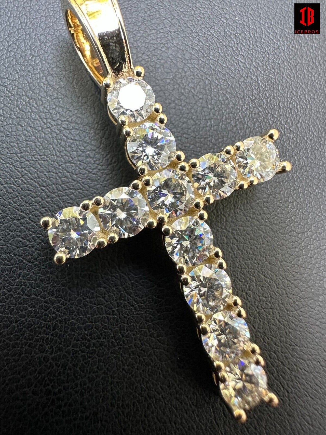 Real MOISSANITE Solid 10k Yellow Gold Iced Tennis Cross Pendant Necklace 5 Sizes