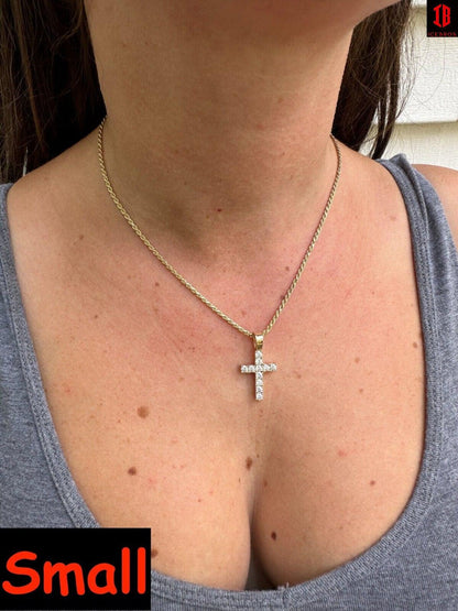 Real MOISSANITE Solid 10k White Gold Iced Tennis Cross Pendant Necklace 5 Sizes