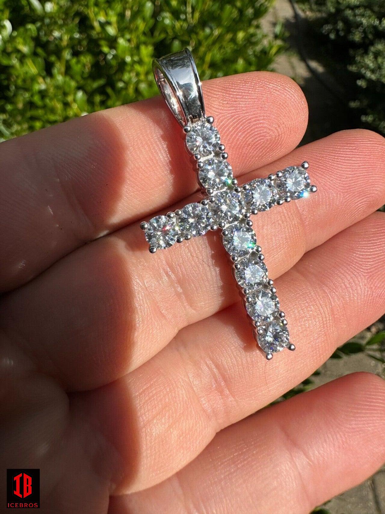 Real MOISSANITE Solid 10k Yellow Gold Iced Tennis Cross Pendant Necklace 5 Sizes