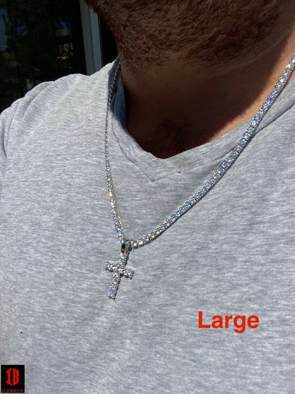 Real MOISSANITE Solid 10k Yellow Gold Iced Tennis Cross Pendant Necklace 5 Sizes