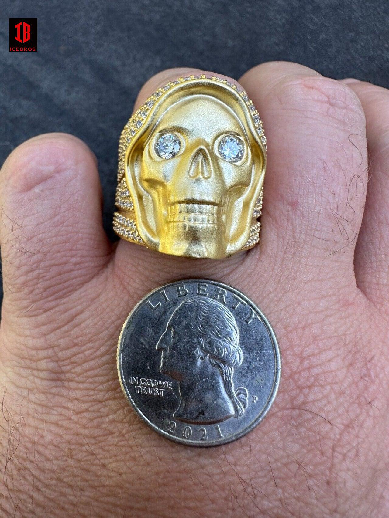 MOISSANITE Iced HEAVY Death Skull Ring Matte Real 14k Gold Over 925 Silver