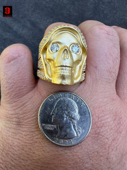 MOISSANITE Iced HEAVY Death Skull Ring Matte Real 14k Gold Over 925 Silver