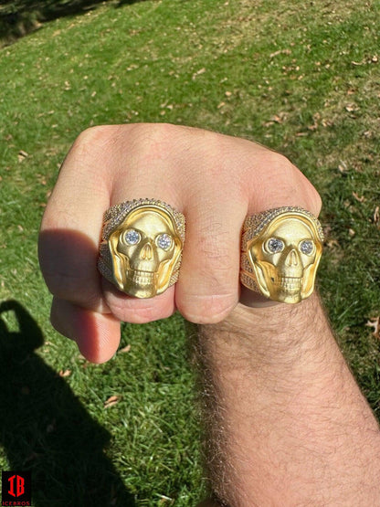 MOISSANITE Iced HEAVY Death Skull Ring Matte Real 14k Gold Over 925 Silver