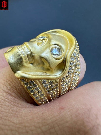 MOISSANITE Iced HEAVY Death Skull Ring Matte Real 14k Gold Over 925 Silver