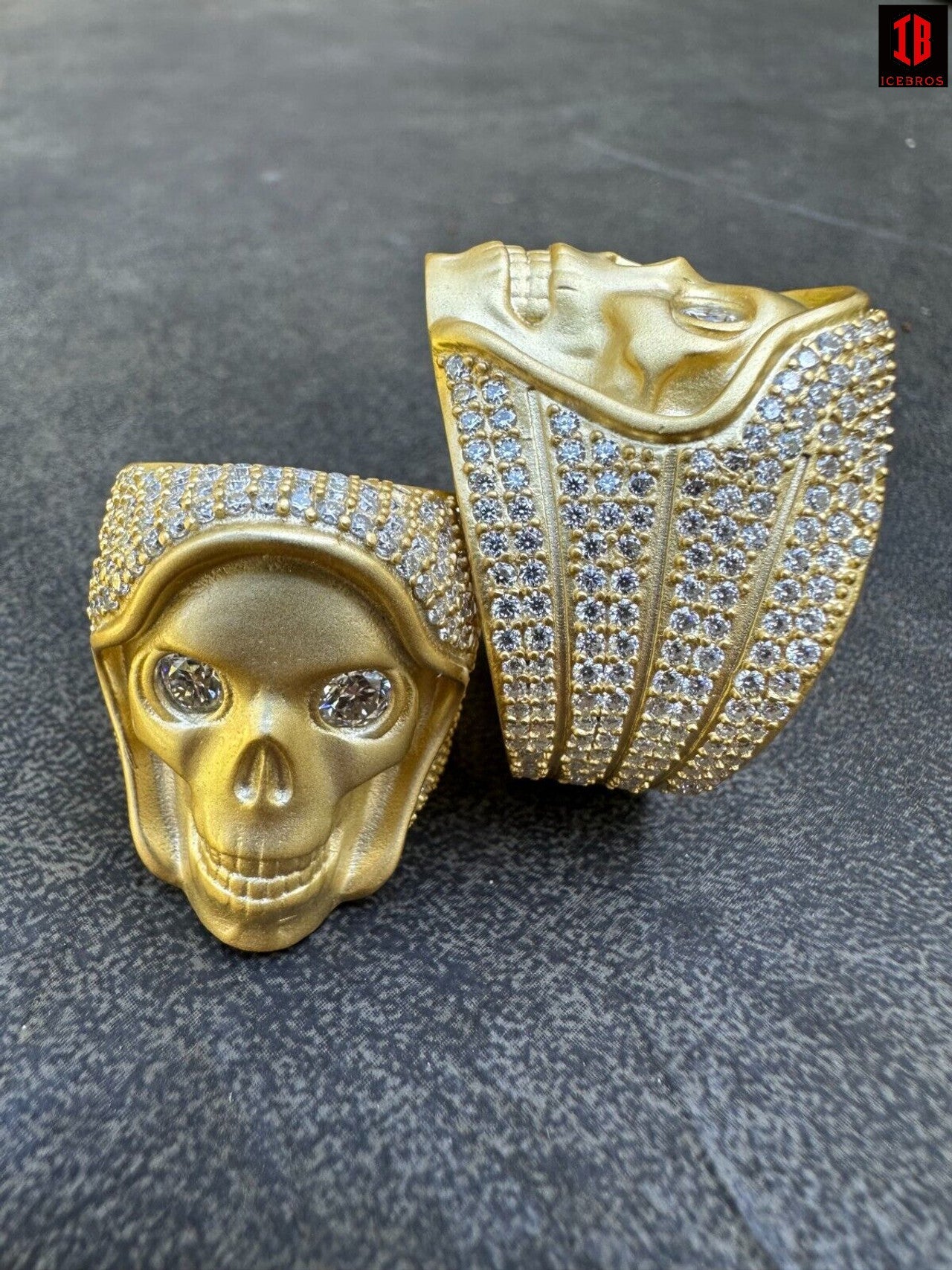 MOISSANITE Iced HEAVY Death Skull Ring Matte Real 14k Gold Over 925 Silver