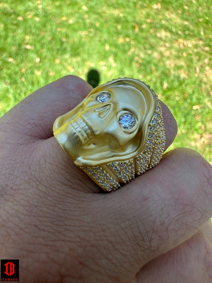 MOISSANITE Iced HEAVY Death Skull Ring Matte Real 14k Gold Over 925 Silver