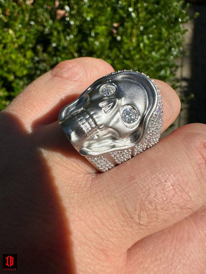 MOISSANITE Iced HEAVY Death Skull Ring Matte Real White Gold Over 925 Silver