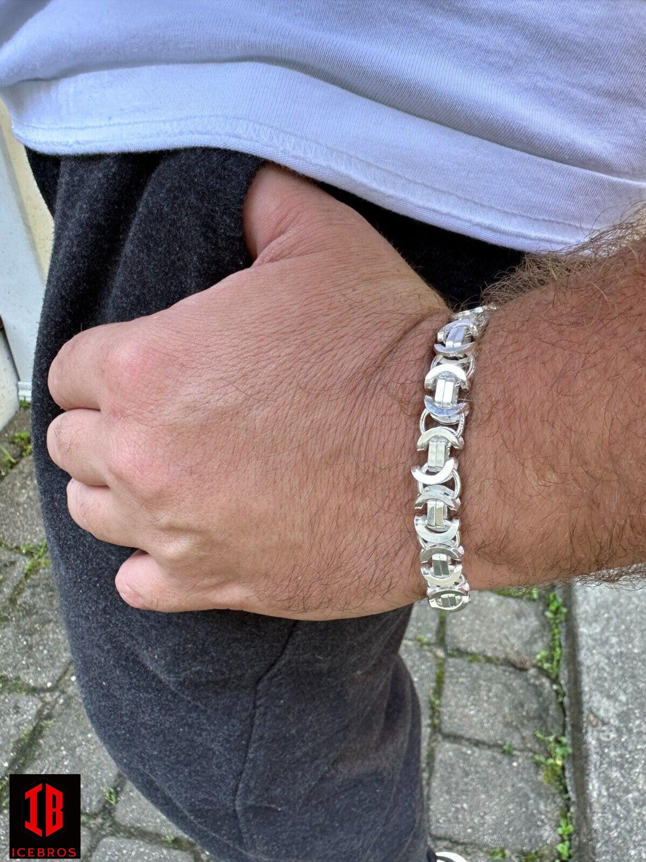 Real Solid 925 Sterling Silver Flat Byzantine Chain Mens Bracelet
