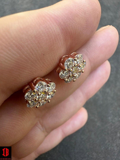 Moissanite Studs Iced Cluster Flower Set Earrings Real Rose Gold Over 925 Silver