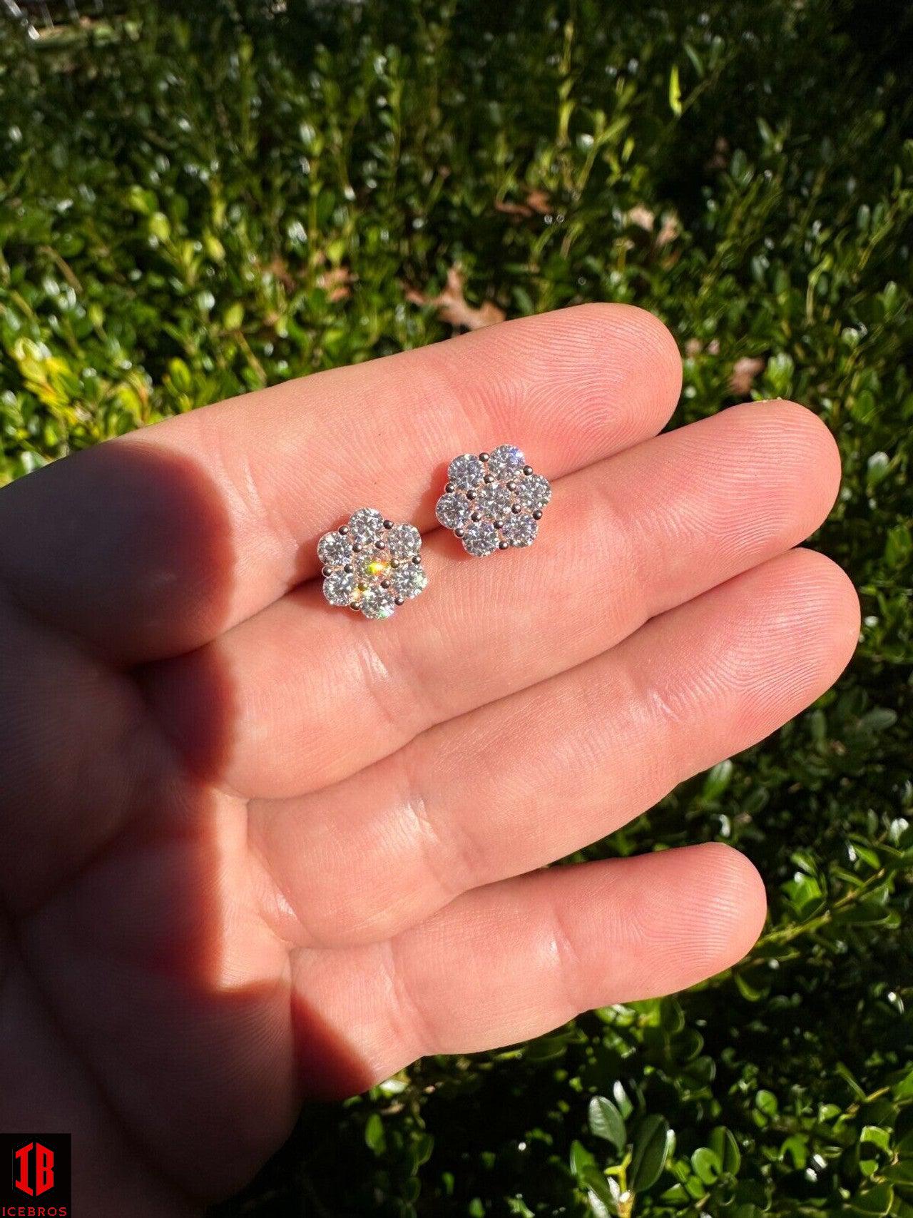 Moissanite Studs Iced Cluster Flower Set Earrings Real 14k Gold Over 925 Silver