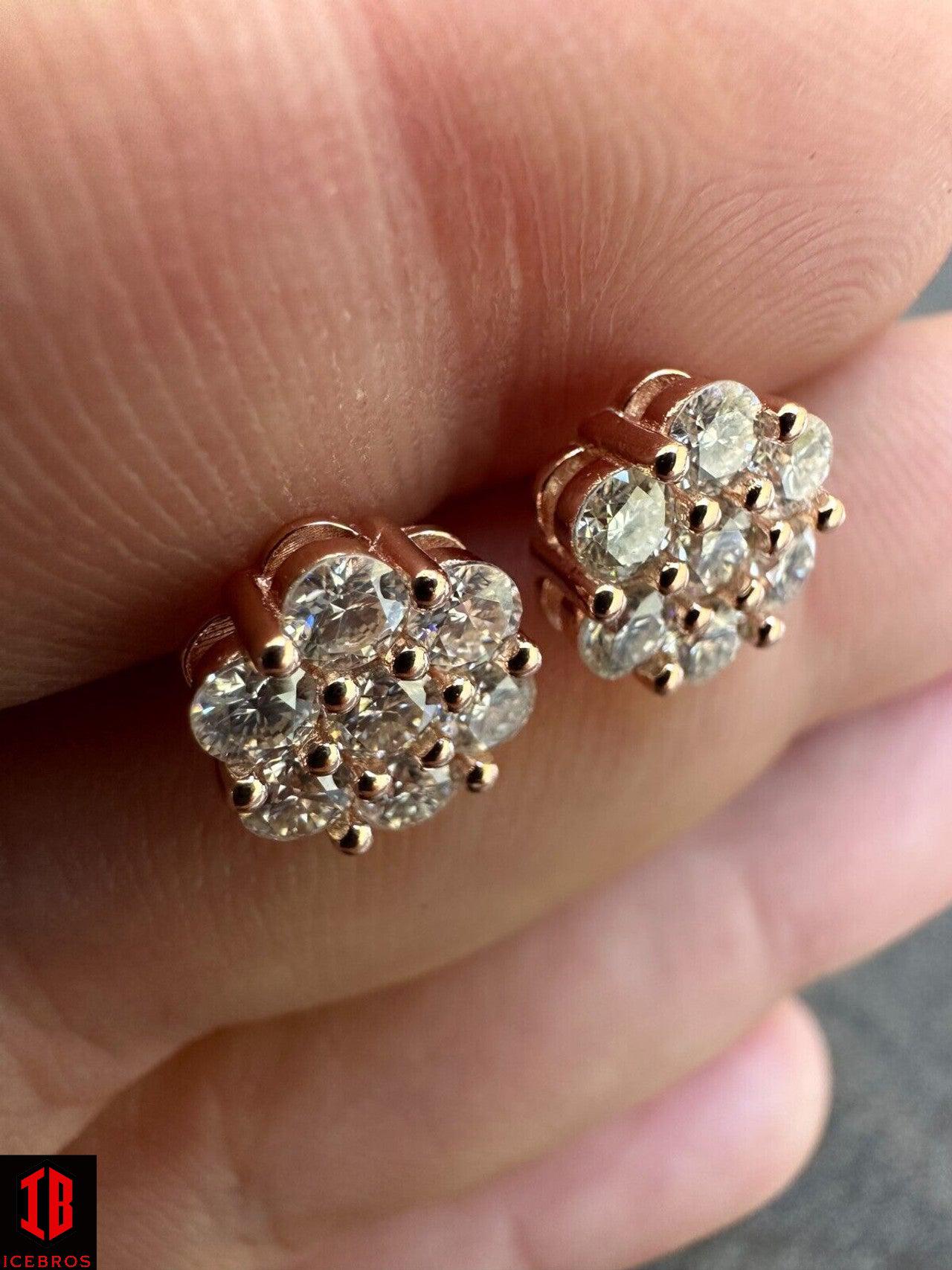 Moissanite Studs Iced Cluster Flower Set Earrings Real 14k Gold Over 925 Silver