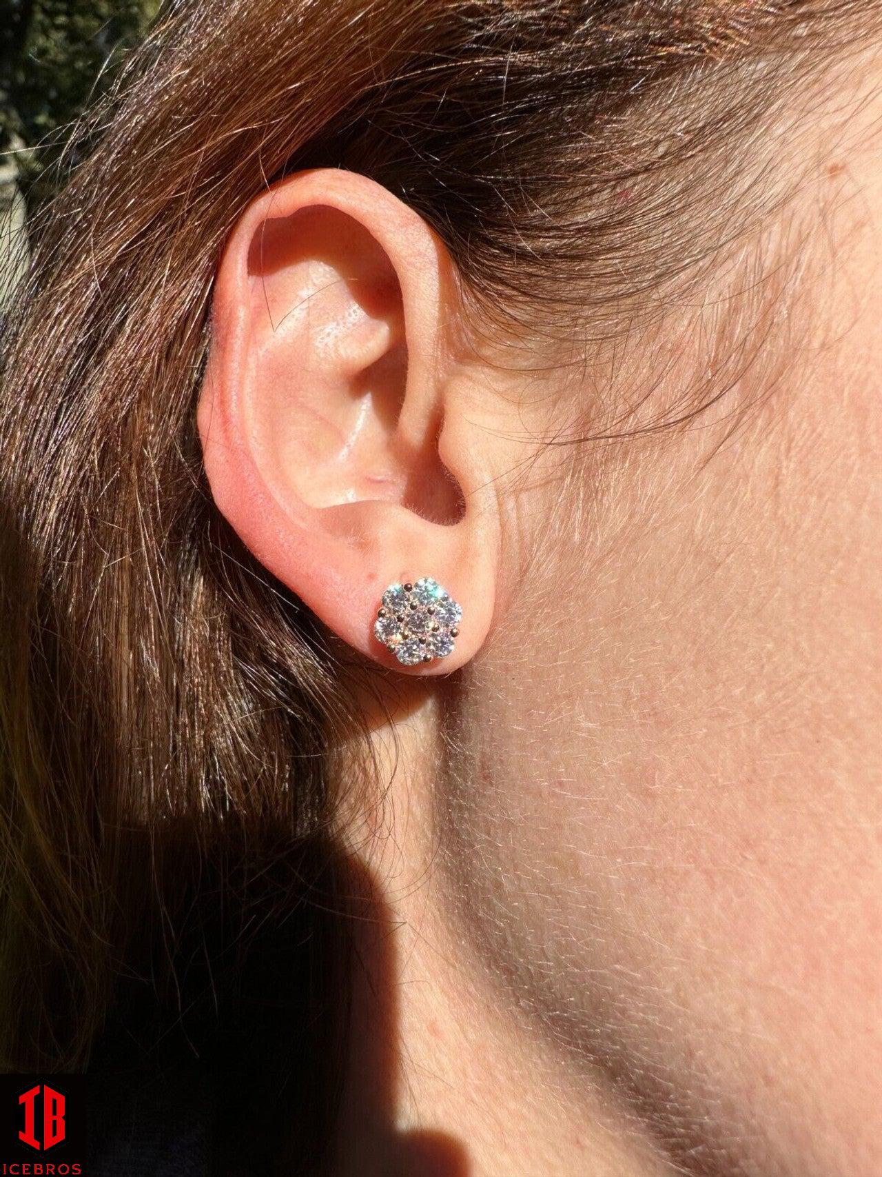 Moissanite Studs Iced Cluster Flower Set Earrings Real 14k Gold Over 925 Silver