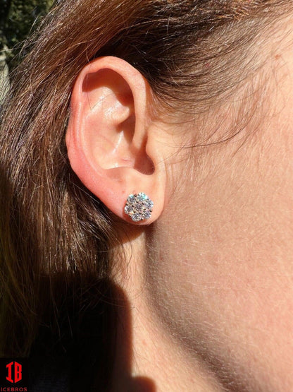 Moissanite Studs Iced Cluster Flower Set Earrings Real Rose Gold Over 925 Silver